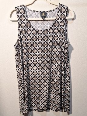 JM Collection Brown, Black & White Patterned Sleeveless Tunic, Medium